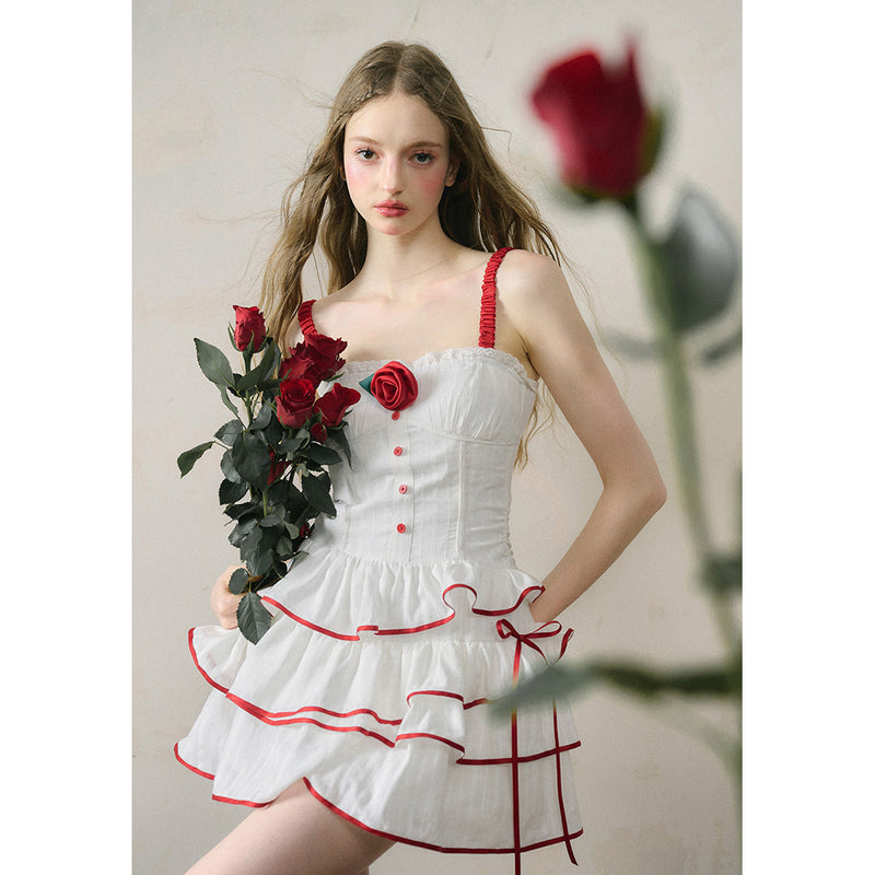 White Strap Dress with Rose Flowers