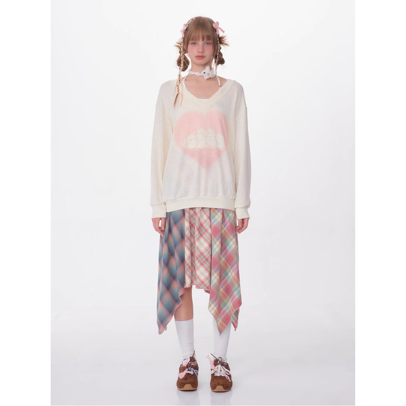 Pink Checked Patchwork Asymmetrical Skirt