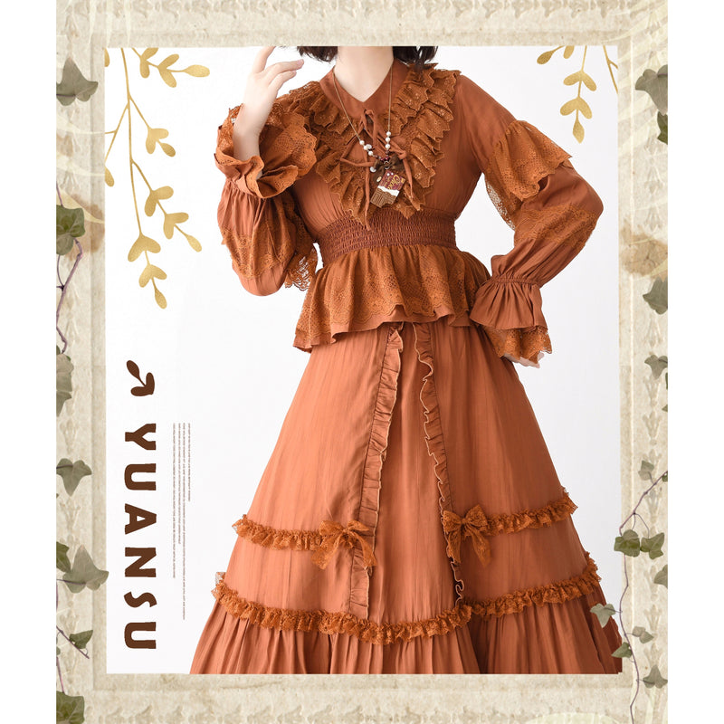 橙茶のお嬢様の刺繍ブラウスとフレアスカート