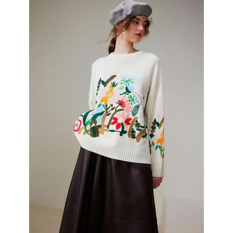 庭園の刺繍ニットセーター