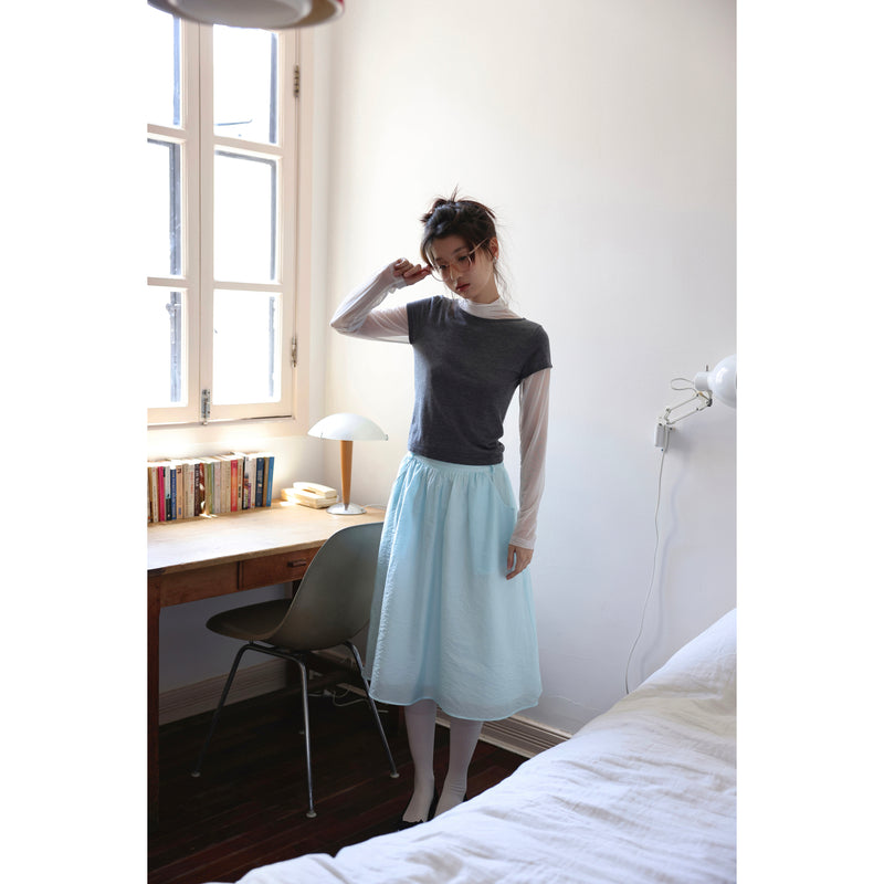 Light Blue and Black Flared Skirt