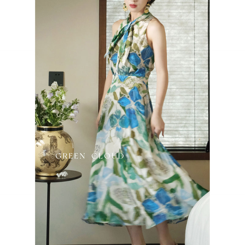 Dress with a Botanical Pattern Drawn in Watercolors