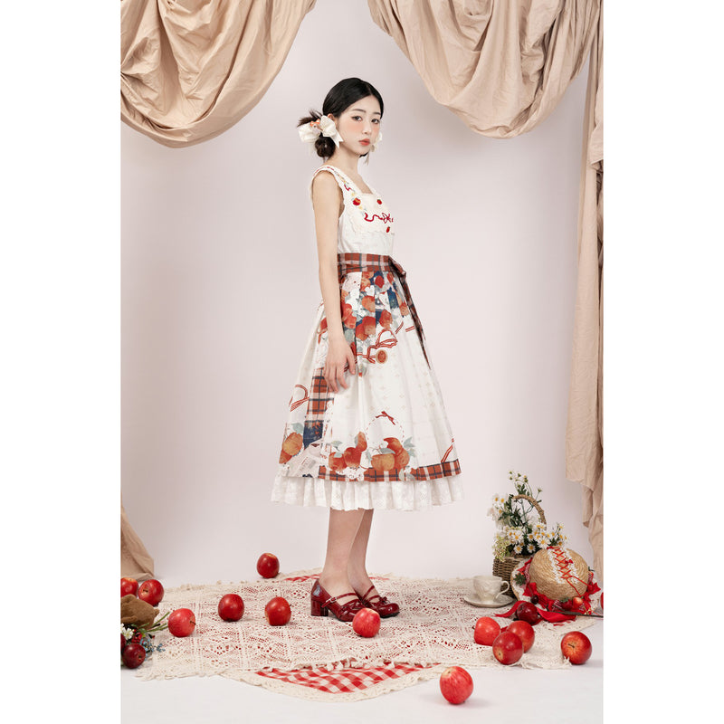 林檎と花と小鳥の刺繍ジャンパースカート