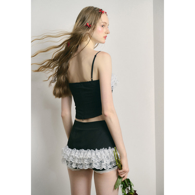 Black and White Lace Camisole Top and Short Skirt