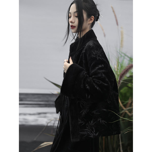 漆黒の竹林柄チャイナボアジャケット
