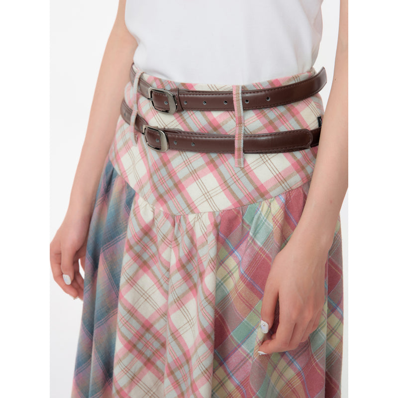 Pink Checked Patchwork Asymmetrical Skirt