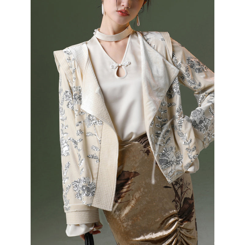 銀色の花の刺繍ジャケット