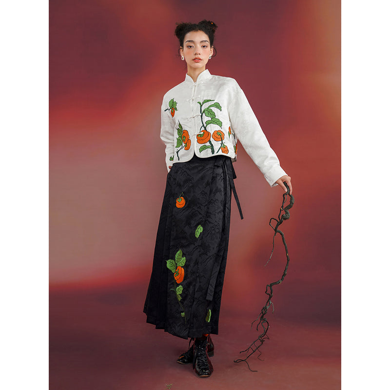 柿の実の刺繍ロングプリーツスカート