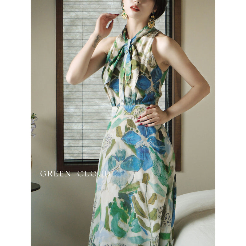 Dress with a Botanical Pattern Drawn in Watercolors