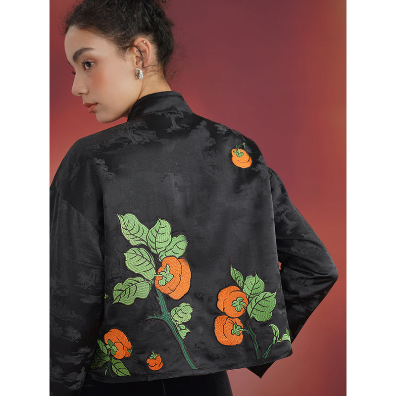 柿の実の刺繍チャイナジャケット（ブラック）
