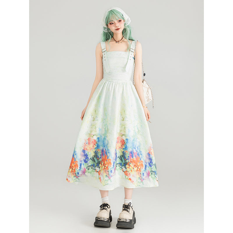 お花畑の油彩画ジャンパースカート