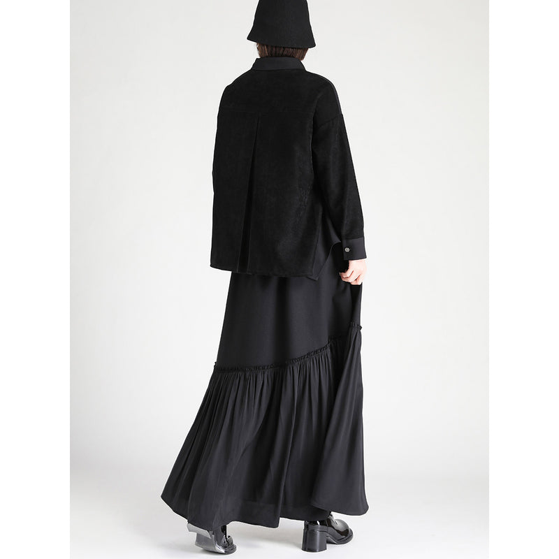 Black Patchwork Long Pleated Skirt