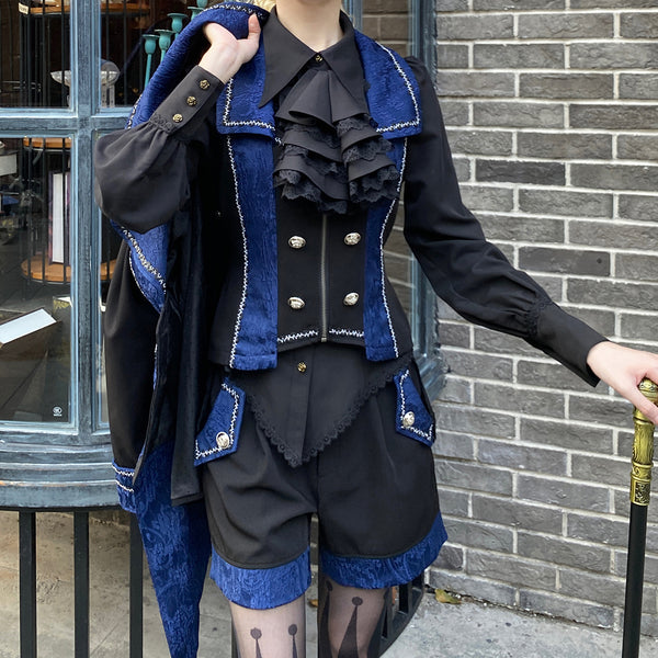 中世貴族の刺繍ジャケットとベストとハーフパンツ - Black Blue[2024年7月下旬-9月上旬発送予定]