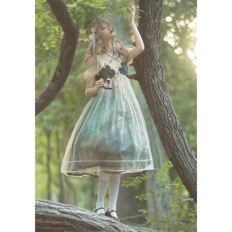 鬱蒼とした森の油彩画ジャンパースカート