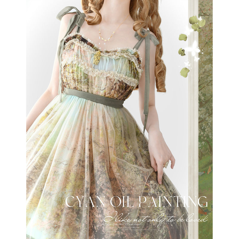 春の木陰の油彩画ジャンパースカート