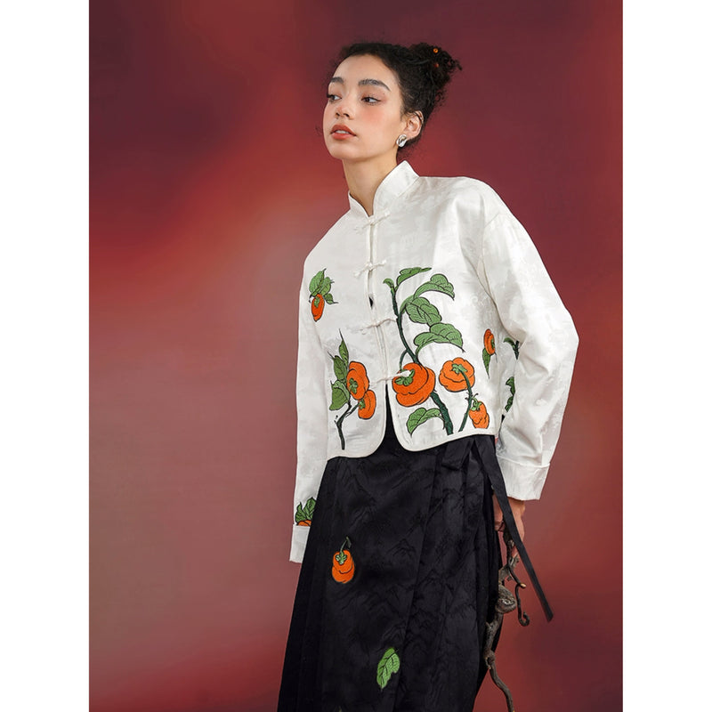 柿の実の刺繍チャイナジャケット（ホワイト）