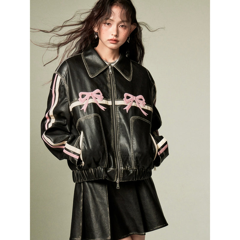 Retro Leather Jacket with Ribbon