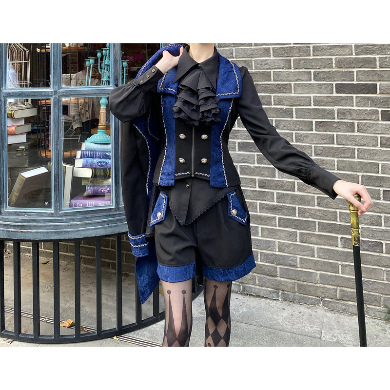 中世貴族の刺繍ジャケットとベストとハーフパンツ - Black Blue[2024年7月下旬-9月上旬発送予定]