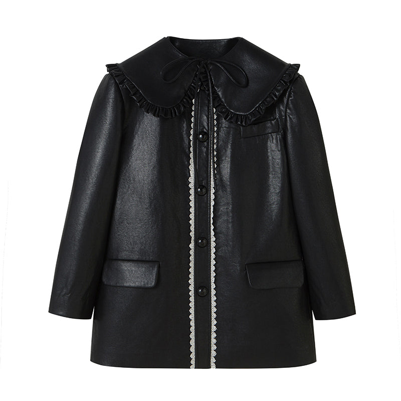 Retro Leather Jacket with Ruffle Collar