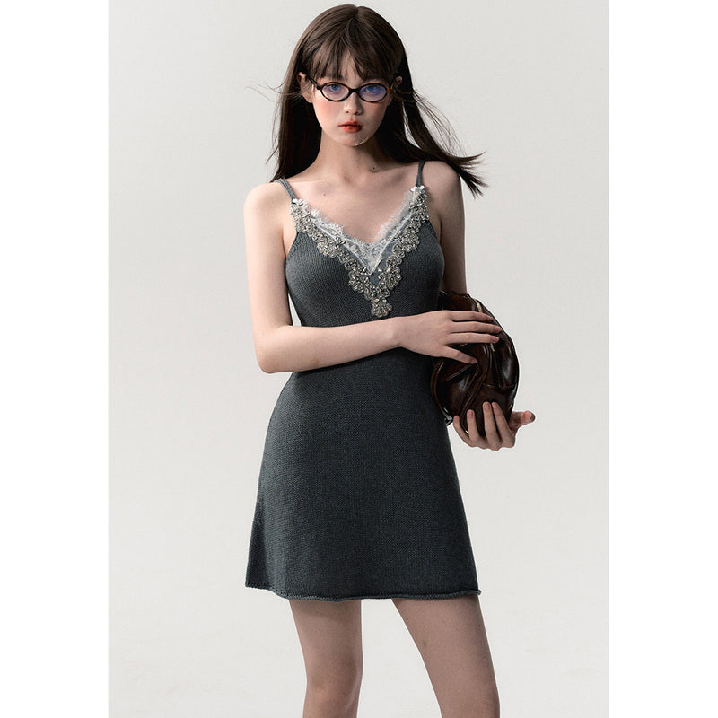 Grey Strap Knitted Dress with Silver Chain