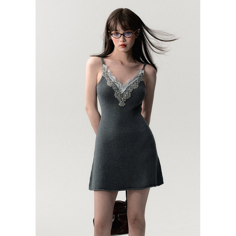 Grey Strap Knitted Dress with Silver Chain