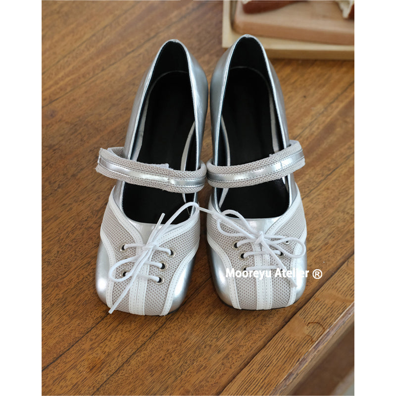 Metallic Silver Strap Mary Jane Heel Shoes