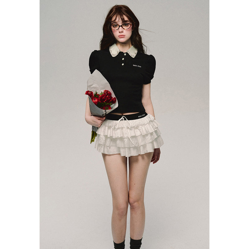 White Embroidery Tiered Short Pants Skirt