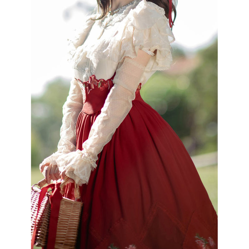 真っ赤な苺の刺繍スカートと刺繍コルセットとブラウス[2024年3月上旬-4月下旬発送予定]