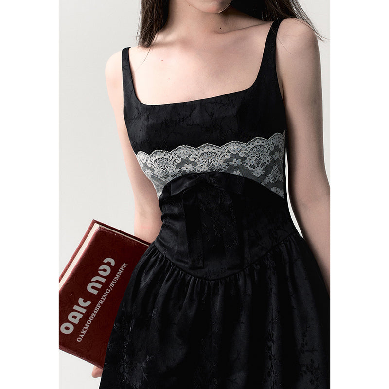 Black Jacquard Strap Dress with Plum Blossom