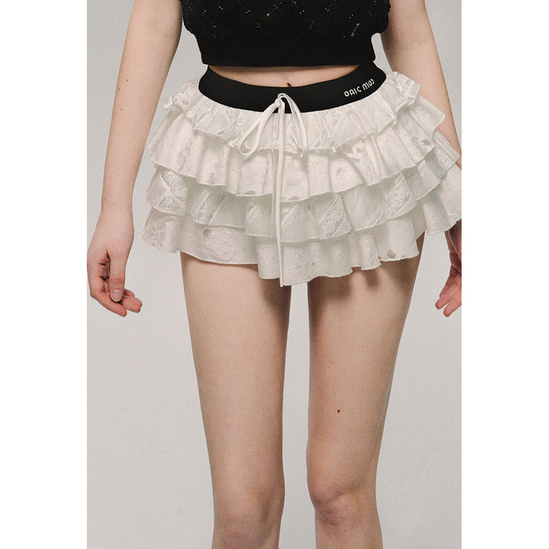White Embroidery Tiered Short Pants Skirt