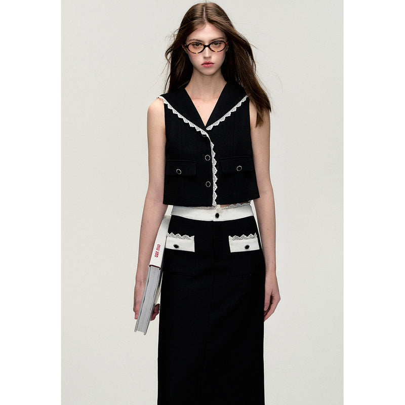 Black Vest and Skirt with Lace Embroidery