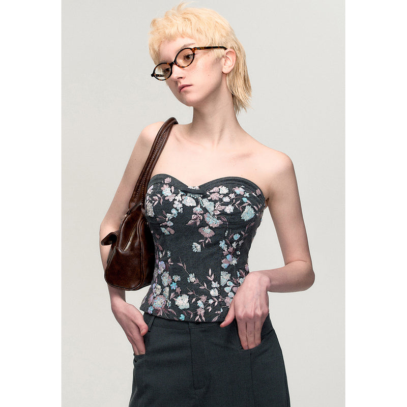 Denim Tube Top with Floral Embroidery