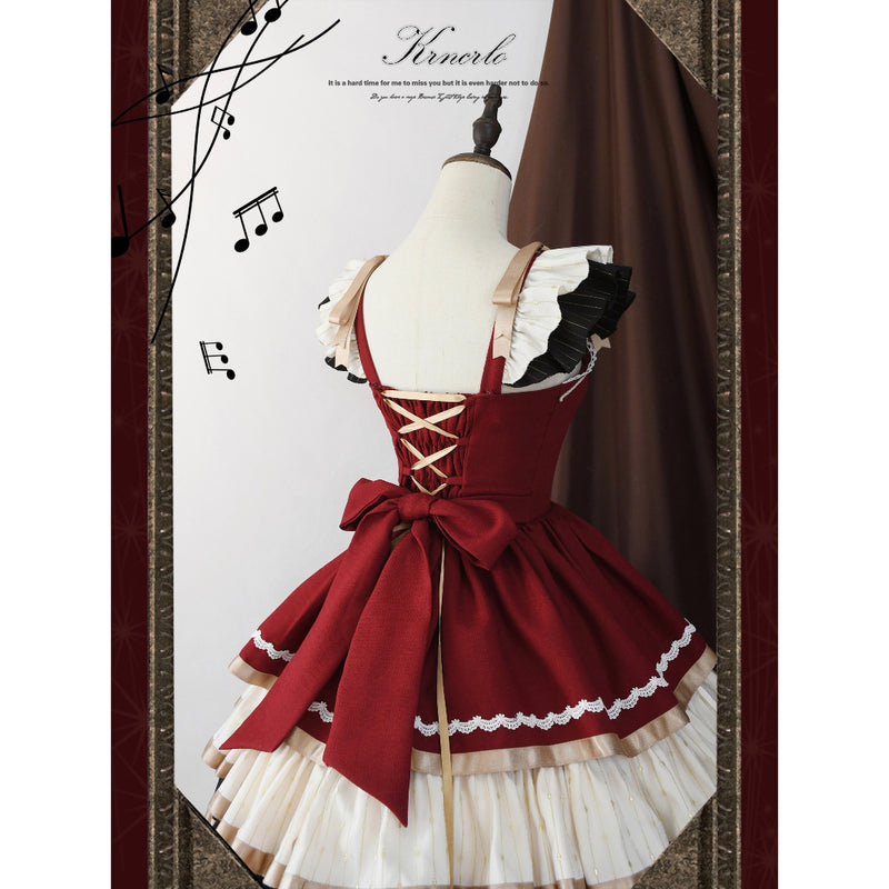 弦楽器の刺繍ジャンパースカート - Wine Red