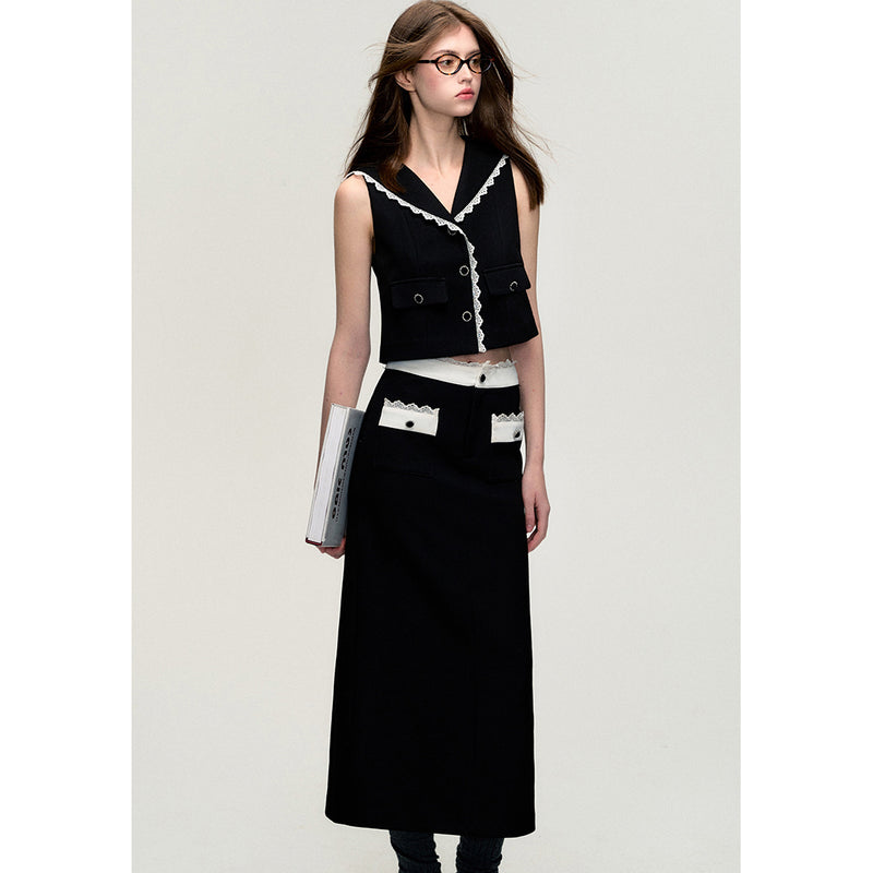 Black Vest and Skirt with Lace Embroidery