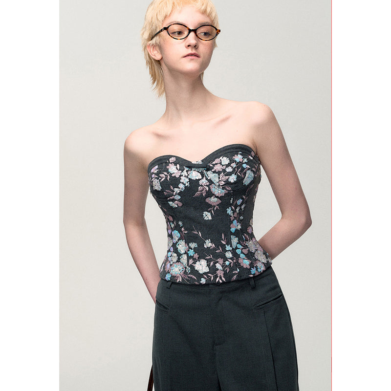 Denim Tube Top with Floral Embroidery