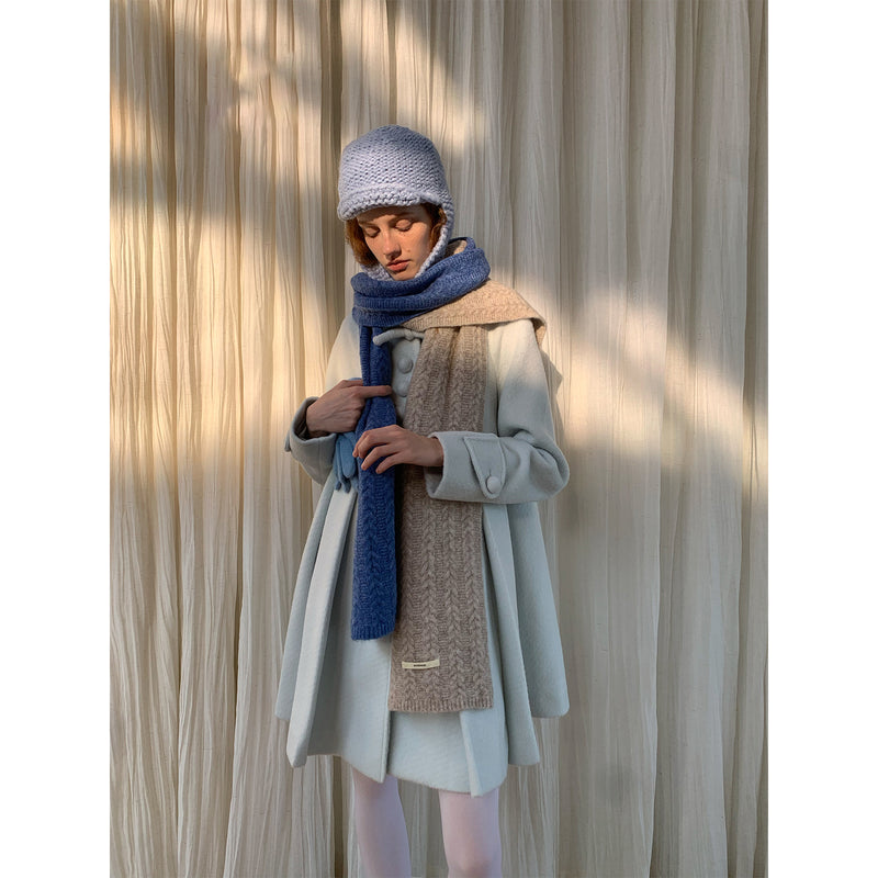 Frosty Blue Wool Pleated Coat with Ribbon