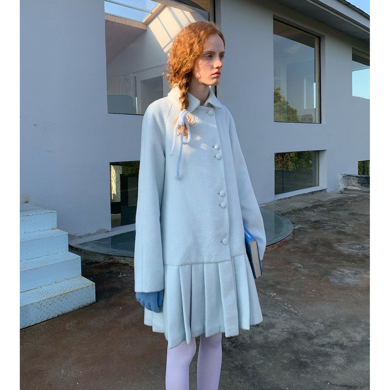 Frosty Blue Wool Pleated Coat Dress