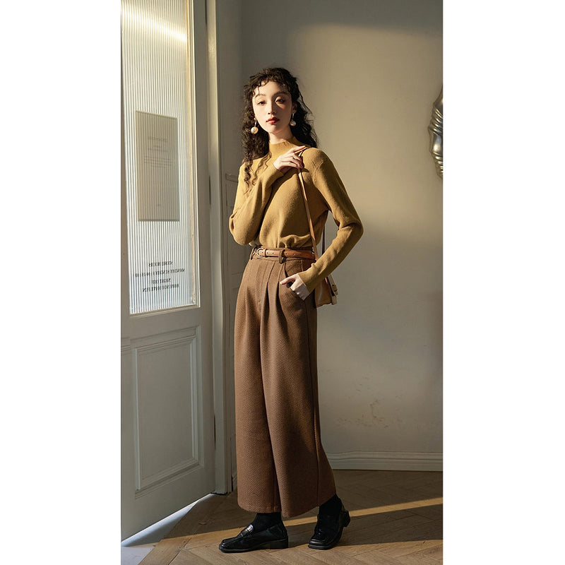 Dark Brown Herringbone Wide Pants