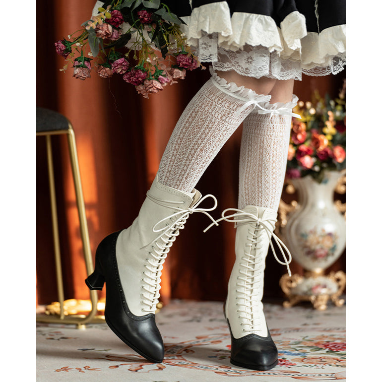 Victorian Pointed Toe Lace Up Boots - Black White