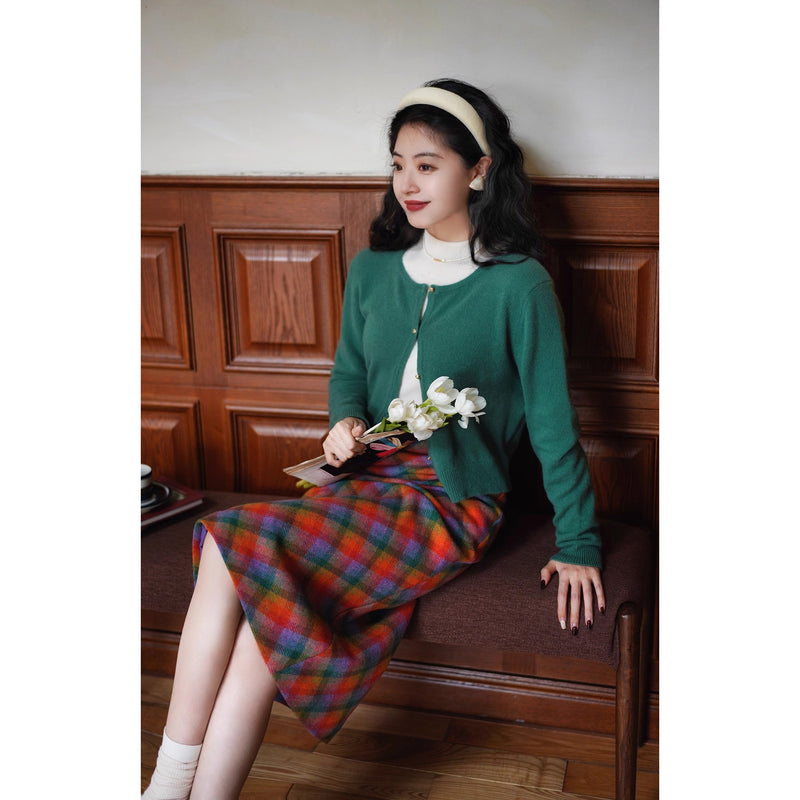 木漏れ日の格子柄ウールハーフスカート