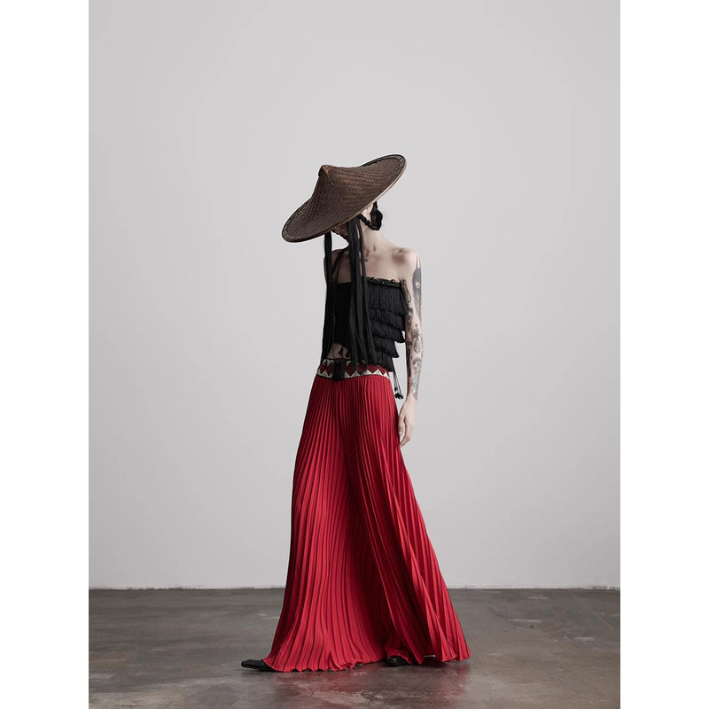 Ethnic Red Pleated Wide Pants