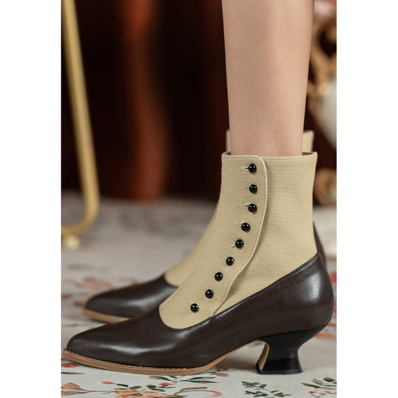 Victorian Pointed Toe Buttoned Short Boots - Brown Beige