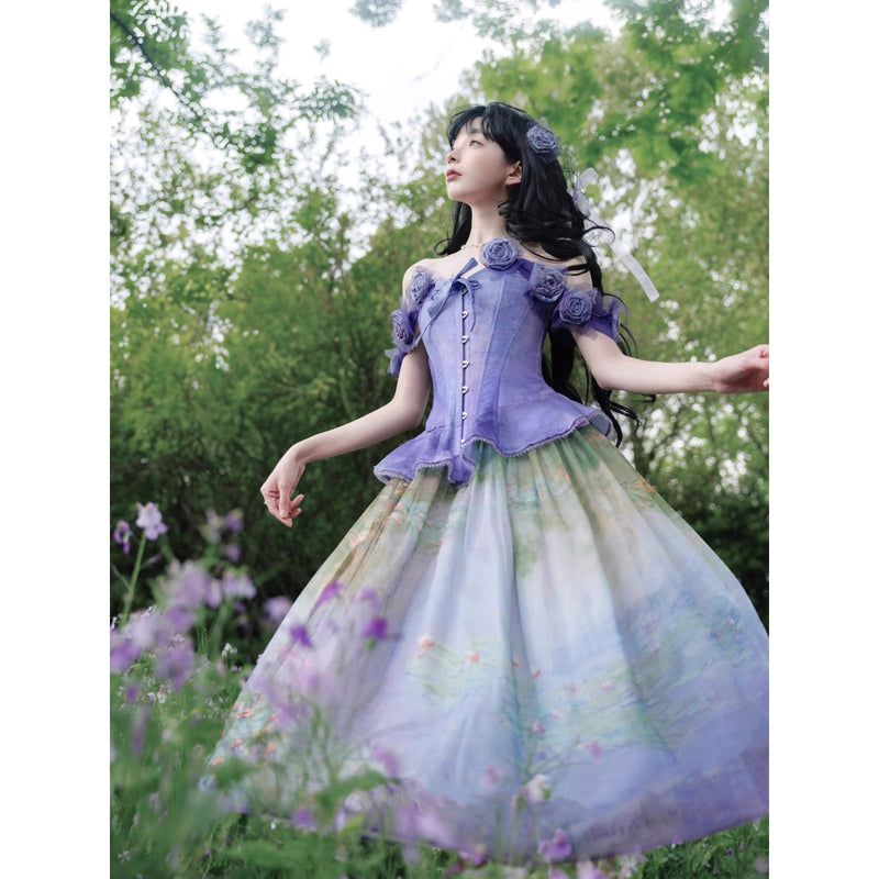 睡蓮の池の油彩画ビスチェとスカート - Ver2