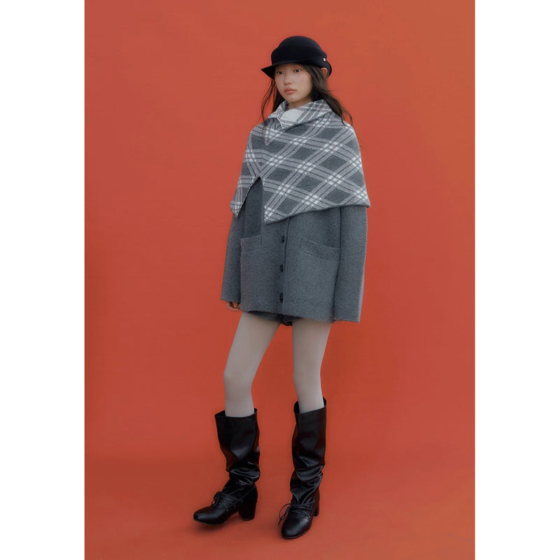 Checkered Cape and Grey Knit Cardigan