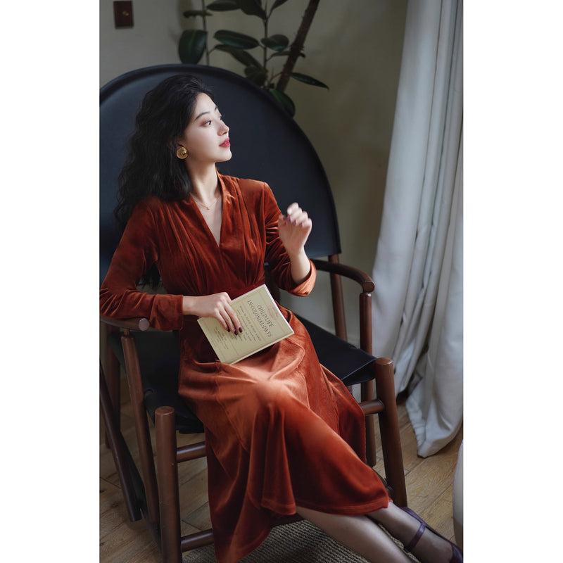 赤銅色の貴婦人ベルベットワンピース