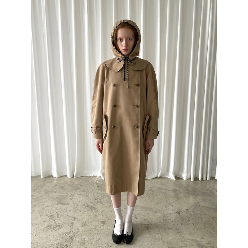 Khaki Doll Collar Detachable Hooded Trench Coat