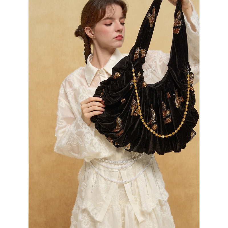 金色の蝶の刺繍ベルベットトートバッグ