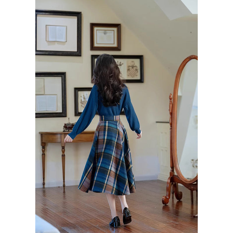 Blue-Brown Checkered Retro Skirt and Blue Knit Sweater