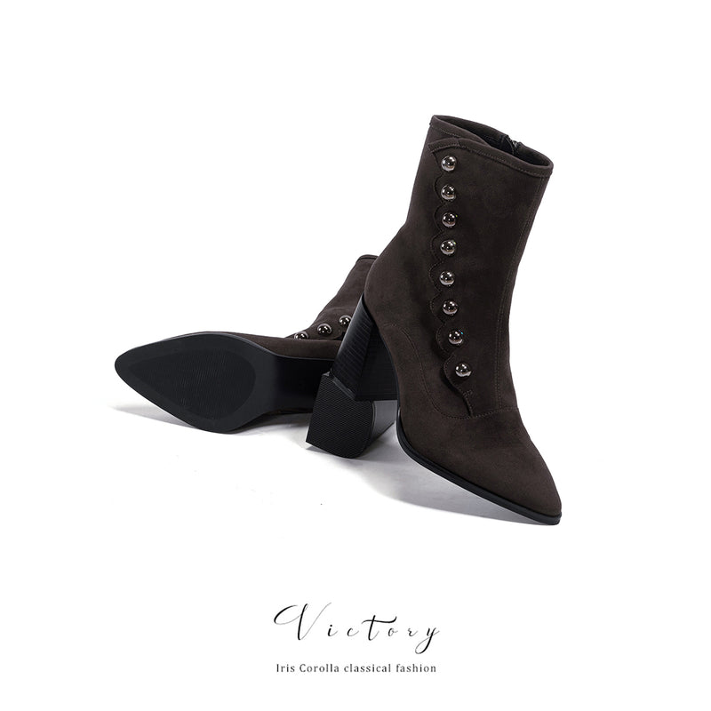 Victorian Pointed Toe Buttoned Short Boots - Dark Brown[2024年11月下旬-12月中旬発送予定]