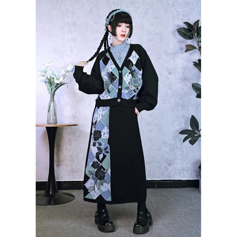 椿の花と鶯の挿絵カーディガンとニットスカート